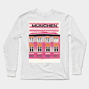 Munich Pink House Architecture Travel Poster Retro Wall Art Illustration Long Sleeve T-Shirt